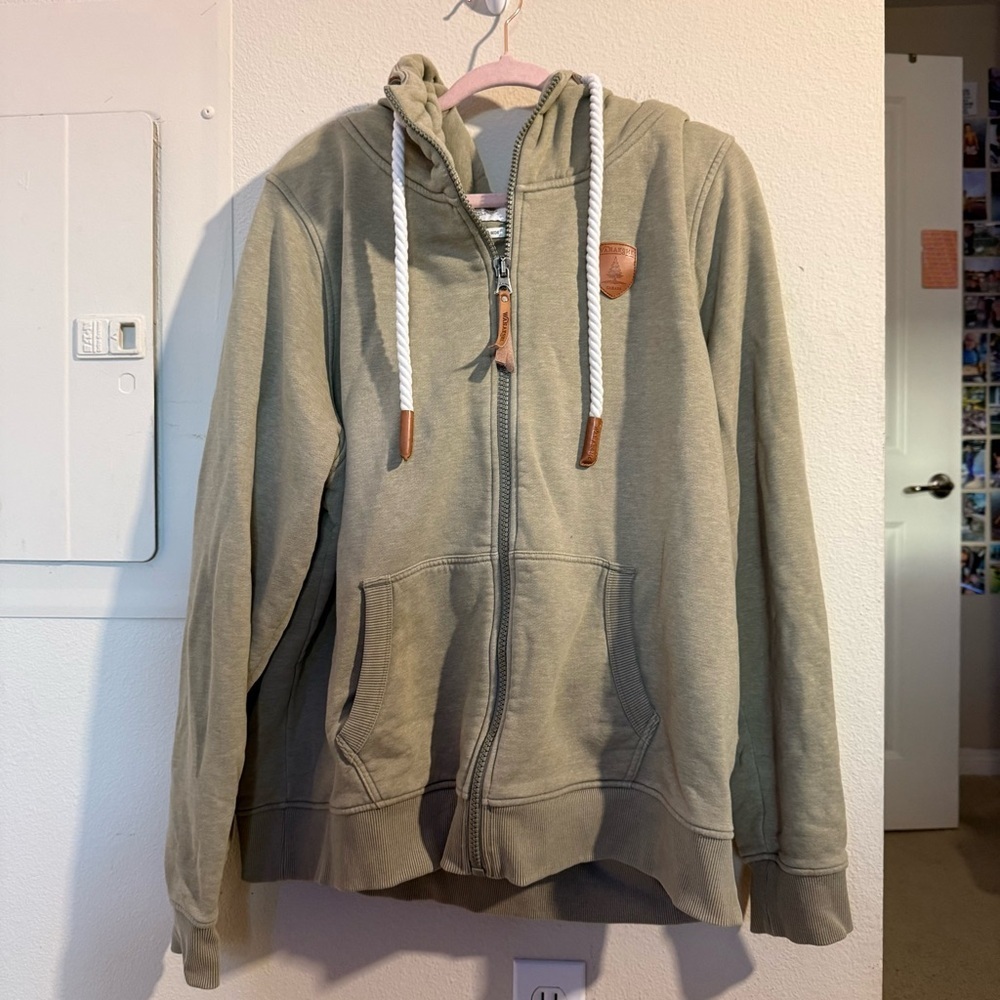 Wanakome Olive Green Zip Hoodie Rope Drawstrings Leather Patch XXL
